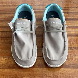 Hey Dude Men's Light Gray Loafers with Aqua Accents